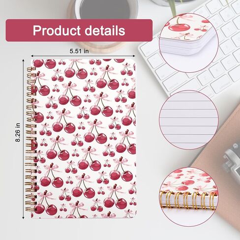 Coquette Pink Bow Cherry Spiral Notebook، مجلة Preppy الجمالية اللطيفة باللون الوردي، 5.5 × 8.3 في دفتر ملاحظات حلزوني بغلاف مقوى لتدوين الملاحظات، واللوازم المدرسية in Saudi Arabia