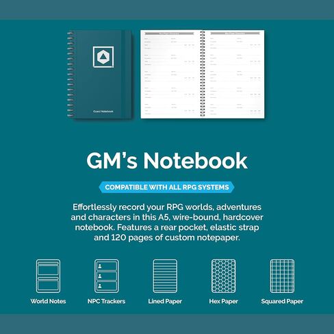 Roll & Play Press Game Master's Quest Notebook: 120 page, A5 hardback world-building journal for character, setting and plot notes, with lined, gridded and hex paper in Saudi Arabia