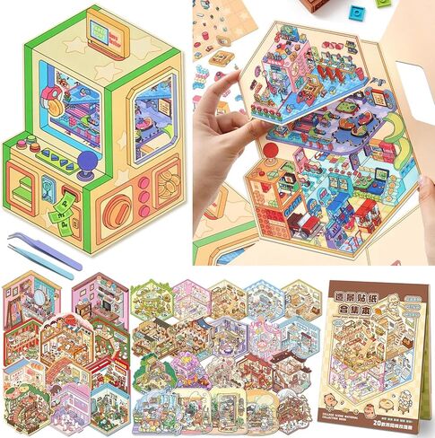 30 Sets DIY Sticker Pack House Scenes Cute 3D Sticker Therapy Scenes Book for Adults Relief Stress Miniature Scene Stickers for Kids Cartoon Cozy Room Free Combination Reusable Waterproof in Saudi Arabia