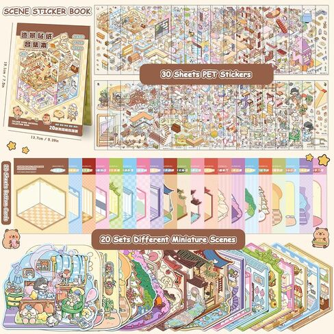 30 Sets DIY Sticker Pack House Scenes Cute 3D Sticker Therapy Scenes Book for Adults Relief Stress Miniature Scene Stickers for Kids Cartoon Cozy Room Free Combination Reusable Waterproof in Saudi Arabia