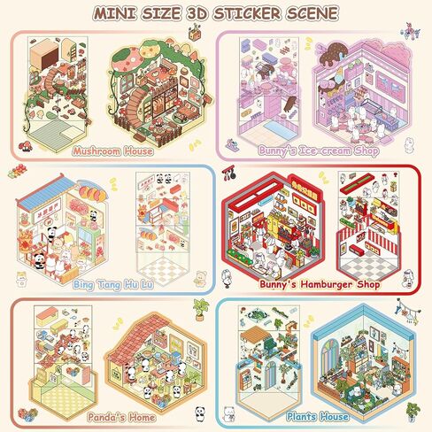 30 Sets DIY Sticker Pack House Scenes Cute 3D Sticker Therapy Scenes Book for Adults Relief Stress Miniature Scene Stickers for Kids Cartoon Cozy Room Free Combination Reusable Waterproof in Saudi Arabia