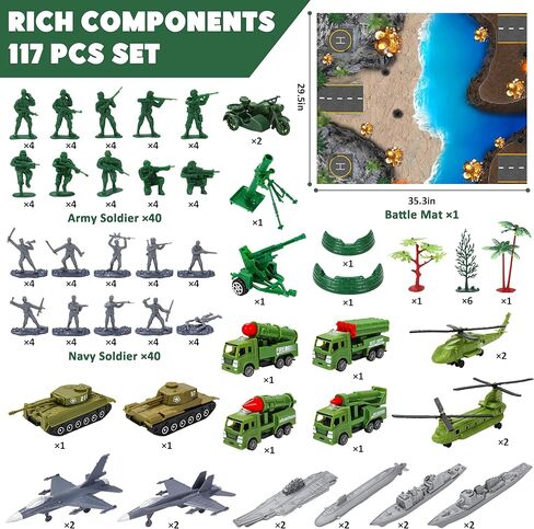 Army Men Playset – 117 Pcs Military Toy Soldiers Set with Action Figures, Battle Mat, Tanks, Helicopter, Submarine & Weapon Gear – Army Toys for Boys Ages 4-12, Great Gift for Kids in Saudi Arabia