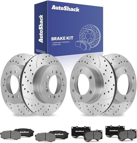 AutoShack Front & Rear Drilled & Slotted Brake Rotors Ceramic Brake Pads Replacement For 2010-2014 Toyota FJ Cruiser 4.0L V6 4WD RWD Black Matte Finish 12-PC Brake Kit BlackShield in Saudi Arabia