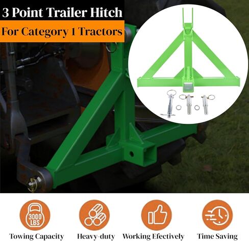 Heavy-Duty 3-Point Quick Hitch with 2" Towing Ball & Drawbar Attachment, 3PT Trailer Hitch Receiver with Hook Replacement for Kubota, John Deere Category 1 Tractors & Farm Equipment Black Mixizap in Kuwait
