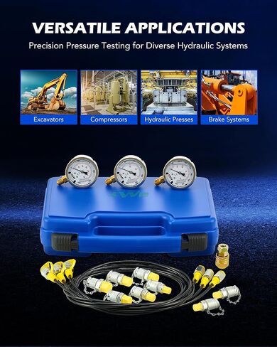 Orion Motor Tech Hydraulic Pressure Test Kit with 4 Gauges 1300 3500 5500 9000 psi, 9 Test Couplings, Quick Connector, & 3 Test Hoses, Hydraulic Gauge Kit for Excavator Construction Machinery in Saudi Arabia