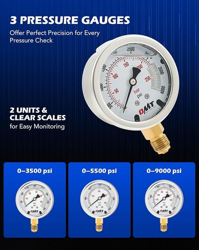 Orion Motor Tech Hydraulic Pressure Test Kit with 4 Gauges 1300 3500 5500 9000 psi, 9 Test Couplings, Quick Connector, & 3 Test Hoses, Hydraulic Gauge Kit for Excavator Construction Machinery in Saudi Arabia