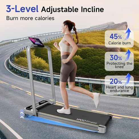 Foldable Treadmill with Incline, Walking Pad with Handle Bar 3 Level Incline, Portable Folding Treadmills for Home/Office 300 Lbs Capacity, Quiet Desk Treadmill with Remote Control & APP in Kuwait