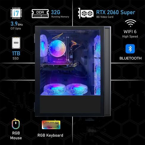 كمبيوتر سطح المكتب للألعاب STGAubron، Intel Core i7 3.4G حتى 3.9G، Radeon RX 5700 8G GDDR6، 16G RAM، 512G SSD، 600M WiFi، BT 5.0، RGB Fan x 4، لوحة مفاتيح وماوس ولوحة ماوس RGB، شريط صوت RGB BT ، W10H64 in Kuwait