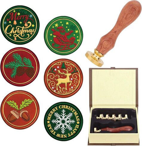 CRASPIRE 7Pcs Merry Christmas Wax Seal Stamp Set Sealing 6 Styles Stamps 25mm Heads+1Pc Wood Handle Snowflake Santa Claus Pinecones Deer for Xmas Party Envelope Invitation Cards Gift Wrapping Crafts in Saudi Arabia