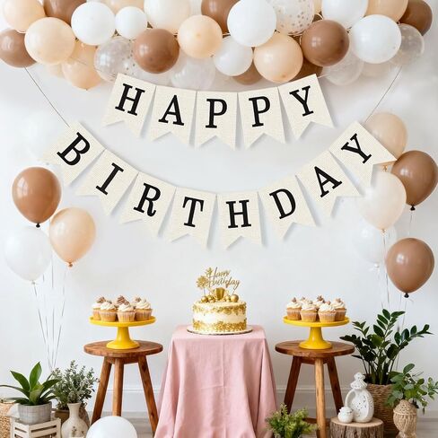 Happy Birthday Banner Sign White Burlap Birthday Garland Wall Door Hanging Banners Flag for Women Men Boys Girls Party Backdrop Decorations, Personalized Name Banner, No Assembly Required (Black) in Saudi Arabia