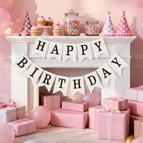 Happy Birthday Banner Sign White Burlap Birthday Garland Wall Door Hanging Banners Flag for Women Men Boys Girls Party Backdrop Decorations, Personalized Name Banner, No Assembly Required (Black) in Saudi Arabia