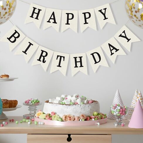 Happy Birthday Banner Sign White Burlap Birthday Garland Wall Door Hanging Banners Flag for Women Men Boys Girls Party Backdrop Decorations, Personalized Name Banner, No Assembly Required (Black) in Saudi Arabia