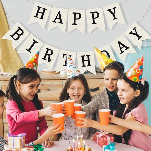 Happy Birthday Banner Sign White Burlap Birthday Garland Wall Door Hanging Banners Flag for Women Men Boys Girls Party Backdrop Decorations, Personalized Name Banner, No Assembly Required (Black) in Saudi Arabia