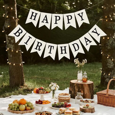 Happy Birthday Banner Sign White Burlap Birthday Garland Wall Door Hanging Banners Flag for Women Men Boys Girls Party Backdrop Decorations, Personalized Name Banner, No Assembly Required (Black) in Saudi Arabia