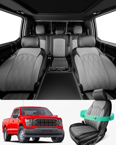 DiffCar® for Ford F150 أغطية مقاعد 2025 2024 2023 2022 2021، مجموعة كاملة من ملحقات الشاحنات المصنوعة من جلد البولي يوريثان لـ F 150، واقيات مقاعد السيارة الصغيرة تناسب فورد F-150 XT XLT SuperCrew/CrewCab 21-25، أسود in Kuwait