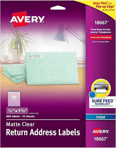 Avery Matte Clear Easy Peel ملصقات بريدية مع تقنية التغذية المؤكدة، طابعات نفث الحبر، 0.5 × 1.75، شفاف، 80/ورقة، 10 ورقات/حزمة in Saudi Arabia