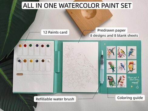 Watercolor Workbook for Adults Beginner - Predrawn Coloring Book Water Color Paint Set with 12 Colors Watercolor Paints and 1 Refillable Paint Brush in Saudi Arabia