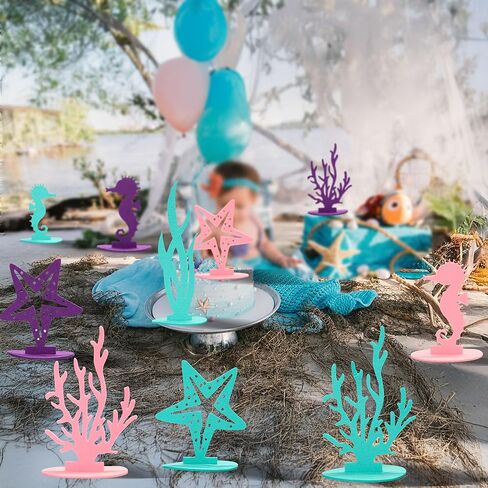 Gyufise 12 Pack Mermaid Birthday Decorations Felt Table Centerpiece DIY Under The Sea Party Decoration Seahorse Starfish Seaweed Coral Decoration for Ocean Theme Birthday Party Supplies in Saudi Arabia
