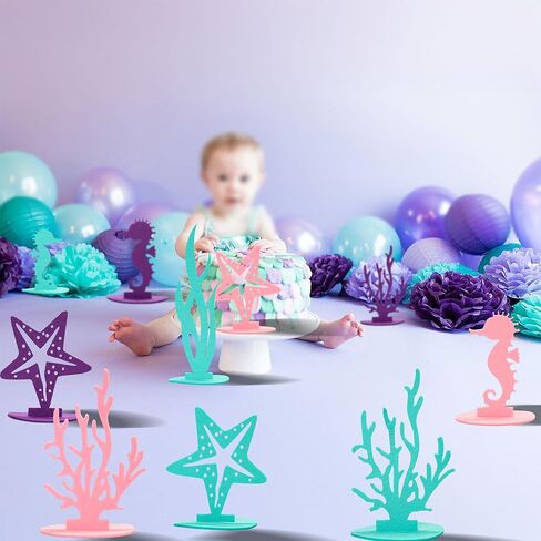 Gyufise 12 Pack Mermaid Birthday Decorations Felt Table Centerpiece DIY Under The Sea Party Decoration Seahorse Starfish Seaweed Coral Decoration for Ocean Theme Birthday Party Supplies in Saudi Arabia