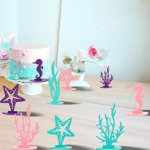 Gyufise 12 Pack Mermaid Birthday Decorations Felt Table Centerpiece DIY Under The Sea Party Decoration Seahorse Starfish Seaweed Coral Decoration for Ocean Theme Birthday Party Supplies in Saudi Arabia