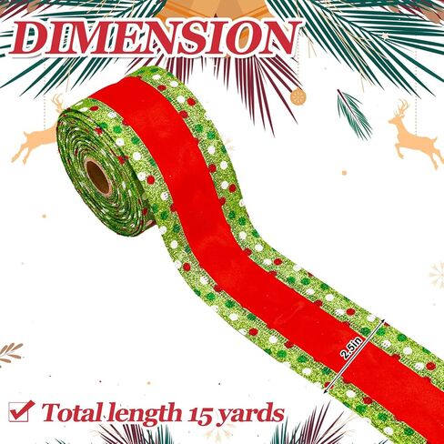 Whaline Christmas Wired Edge Ribbon Red Green Dots Stripe Glitter Fabric Craft Ribbon for Xmas Tree Bow Wreath Gift Wrap Holiday Party Home Decor, 4 Inch, 15 Yards in Saudi Arabia