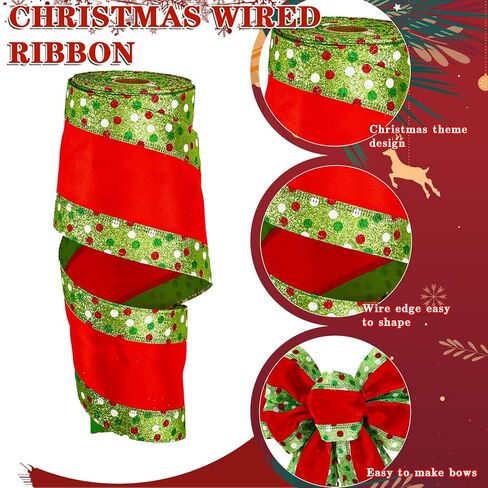 Whaline Christmas Wired Edge Ribbon Red Green Dots Stripe Glitter Fabric Craft Ribbon for Xmas Tree Bow Wreath Gift Wrap Holiday Party Home Decor, 4 Inch, 15 Yards in Saudi Arabia