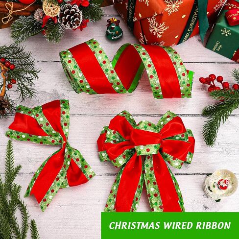 Whaline Christmas Wired Edge Ribbon Red Green Dots Stripe Glitter Fabric Craft Ribbon for Xmas Tree Bow Wreath Gift Wrap Holiday Party Home Decor, 4 Inch, 15 Yards in Saudi Arabia