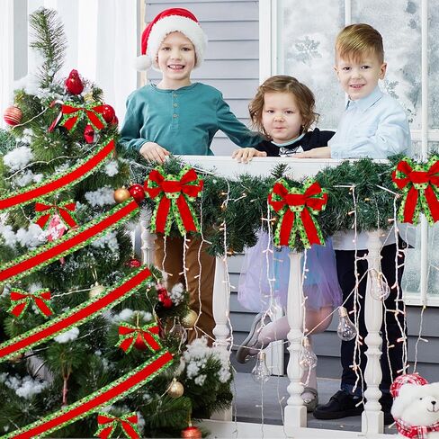 Whaline Christmas Wired Edge Ribbon Red Green Dots Stripe Glitter Fabric Craft Ribbon for Xmas Tree Bow Wreath Gift Wrap Holiday Party Home Decor, 4 Inch, 15 Yards in Saudi Arabia