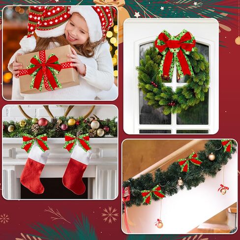 Whaline Christmas Wired Edge Ribbon Red Green Dots Stripe Glitter Fabric Craft Ribbon for Xmas Tree Bow Wreath Gift Wrap Holiday Party Home Decor, 4 Inch, 15 Yards in Saudi Arabia