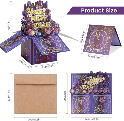 Giiffu 2 Pack Happy New Year Pop Up Card, Handmade 3D New Year Gift Cards for friends and family, with Message Note & Envelope in Saudi Arabia