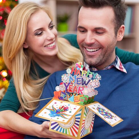 Giiffu 2 Pack Happy New Year Pop Up Card, Handmade 3D New Year Gift Cards for friends and family, with Message Note & Envelope in Saudi Arabia
