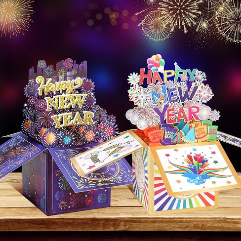 Giiffu 2 Pack Happy New Year Pop Up Card, Handmade 3D New Year Gift Cards for friends and family, with Message Note & Envelope in Saudi Arabia