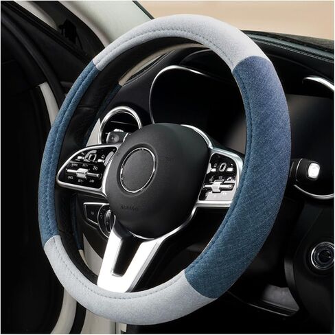Car Steering Wheel Cover, 15" Linen Breathable Soft Anti-Slip Full Surround Vehicle Steering Wheel Protector, Automobile Interior Protection, Universal for Sedan Truck SUV (Blue/White) in Saudi Arabia