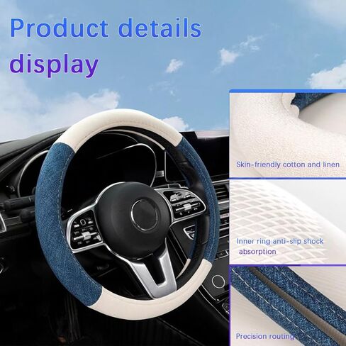 Car Steering Wheel Cover, 15" Linen Breathable Soft Anti-Slip Full Surround Vehicle Steering Wheel Protector, Automobile Interior Protection, Universal for Sedan Truck SUV (Blue/White) in Saudi Arabia