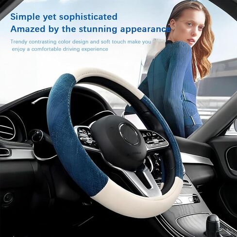 Car Steering Wheel Cover, 15" Linen Breathable Soft Anti-Slip Full Surround Vehicle Steering Wheel Protector, Automobile Interior Protection, Universal for Sedan Truck SUV (Blue/White) in Saudi Arabia