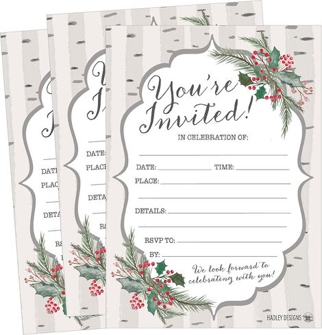 25 Woodland Christmas Holiday Invitations, Snowflake Winter New Years Xmas Dinner Party Invite, Rustic Adult Kids Birthday Festive Event Themed Cards, Forest Tree Baby Bridal Shower Ideas Supplies in Saudi Arabia