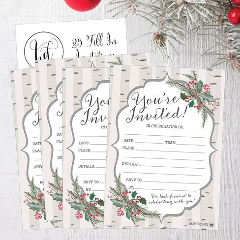 25 Woodland Christmas Holiday Invitations, Snowflake Winter New Years Xmas Dinner Party Invite, Rustic Adult Kids Birthday Festive Event Themed Cards, Forest Tree Baby Bridal Shower Ideas Supplies in Saudi Arabia