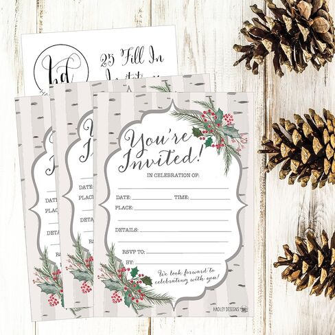 25 Woodland Christmas Holiday Invitations, Snowflake Winter New Years Xmas Dinner Party Invite, Rustic Adult Kids Birthday Festive Event Themed Cards, Forest Tree Baby Bridal Shower Ideas Supplies in Saudi Arabia