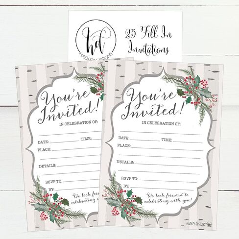 25 Woodland Christmas Holiday Invitations, Snowflake Winter New Years Xmas Dinner Party Invite, Rustic Adult Kids Birthday Festive Event Themed Cards, Forest Tree Baby Bridal Shower Ideas Supplies in Saudi Arabia