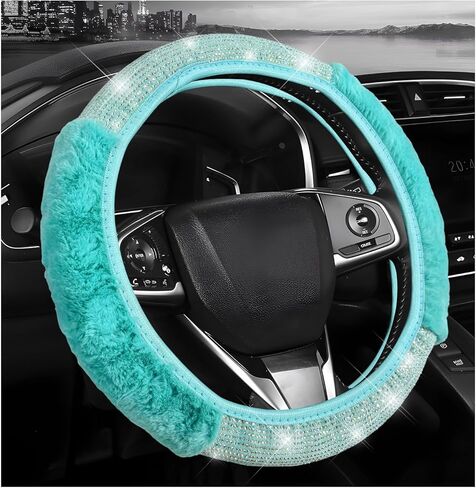 Diamond Fluffy Steering Wheel Cover, 15 Inch Fur Steering Wheel Protector with Sparkling Rhinestones, Comfortable Auto Wheel Covers Winter Warm Accessories for Women Girls (Blue) in Saudi Arabia