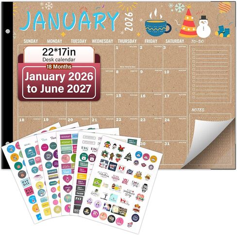 تقويم مكتب 2026-2027، شهريًا، وسادة مكتب، 18 شهرًا من يناير 2026 إلى يونيو 2027 منظمات شخصية كبيرة جدًا مقاس 22 × 17 بوصة، تصميمات موسمية ملونة، تتضمن ملصقات ورق كرافت in Saudi Arabia