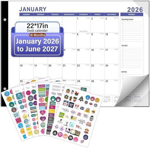 تقويم مكتب 2026-2027، شهريًا، وسادة مكتب، 18 شهرًا من يناير 2026 إلى يونيو 2027 منظمات شخصية كبيرة جدًا مقاس 22 × 17 بوصة، تصميمات موسمية ملونة، تتضمن ملصقات ورق كرافت in Saudi Arabia