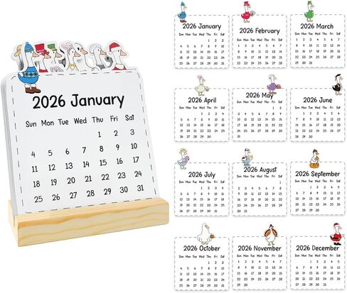 Mini Silly Goose Desk Calendar 2026 New Year Christmas Gifts for Women Men 12 Month and Animal At A Glance Cute Small Stand Up Calendar with Wood Stand for Home Office Table Shelf Decor in Saudi Arabia