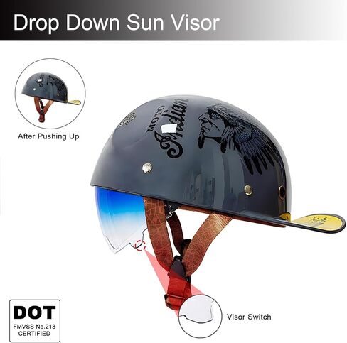 Baseball Cap Motorcycle Half Helmet, Fashion Vintage Street Adults Men Women Open Face Motorbike Helmets for Cruiser Street Scooter Moped Cap with Glasses, DOT Approved in Saudi Arabia