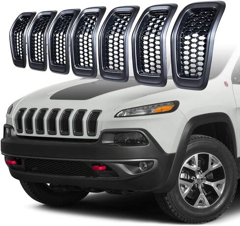 Grille Assembly Compatible with 2014-2018 Jeep Cherokee Painted Black ABS Shell Insert Chrome Molding Trim in Saudi Arabia