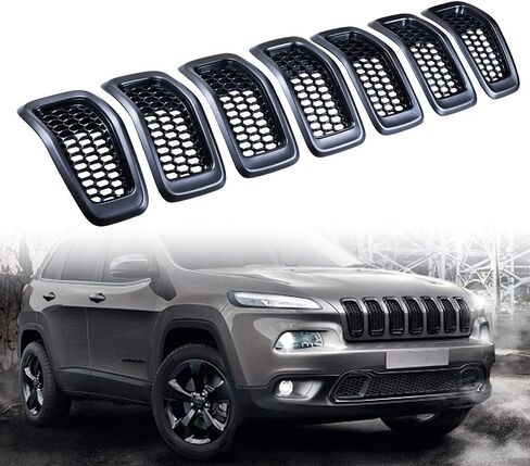 Grille Assembly Compatible with 2014-2018 Jeep Cherokee Painted Black ABS Shell Insert Chrome Molding Trim in Saudi Arabia