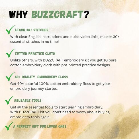 مجموعة تطريز BUZZCRAFT الضخمة للمبتدئين، تعلم أكثر من 25 غرزة، 10 تصميمات للتدريب، الكثير من خيط التطريز، كتيب التعليمات، مجموعة التطريز التي يمكنك صنعها بنفسك in Saudi Arabia