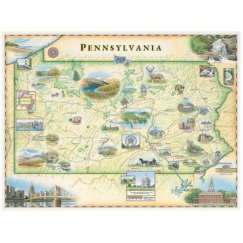 Xplorer Maps Pennsylvania Hand-Drawn Map – 24x18 Vintage-Style Lithographic Print – Made in USA in Saudi Arabia