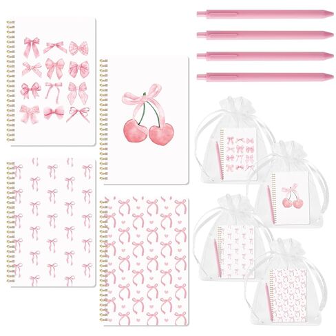 CNhoqc Pink Bow Spiral Notebook - 4-Sets A5 Watercolor Coquette College Ruled Paper Lined Pages Spiral Bound Journal Hardcover Notebook Ballpoint Pens Organza Bags Note Taking Work School Supplies in Saudi Arabia