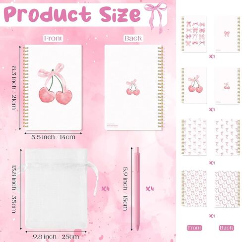 CNhoqc Pink Bow Spiral Notebook - 4-Sets A5 Watercolor Coquette College Ruled Paper Lined Pages Spiral Bound Journal Hardcover Notebook Ballpoint Pens Organza Bags Note Taking Work School Supplies in Saudi Arabia